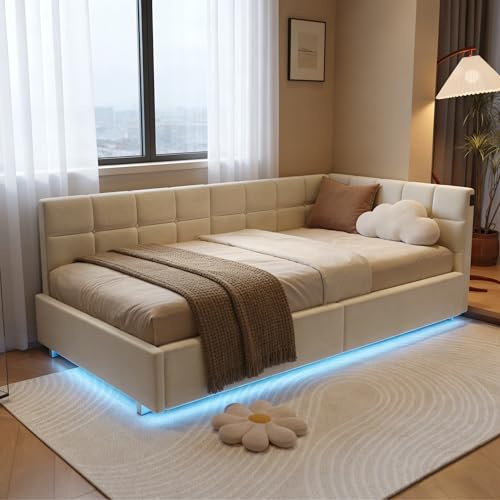 BRILVERDE Letto 90x200 con Contenitore, Letto Singolo con LED/USB, Struttura del Letto con Rete a doghe e testiera, Telaio del Letto per Ragazzi (Beige, 90 x 200 cm)