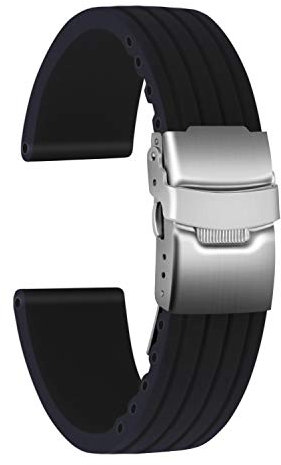 ULLCHRO Gummi Uhrenarmband Ersatzarmband Ersatz Kautschuk Armbanduhr Wasserfest Stripe Pattern - 16mm, 18mm, 20mm, 22mm, 24mm Uhrenband mit Edelstahl Faltschließe (20mm, schwarz)