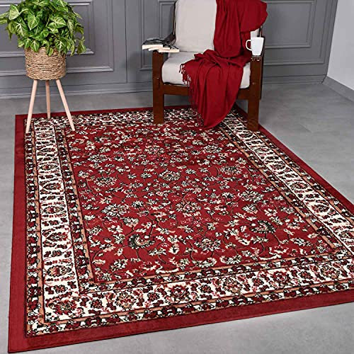 VIMODA Orient Teppich rot beige klassisch dicht gewebt mit Ornament und Blumenmotiven, Maße:120x170 cm