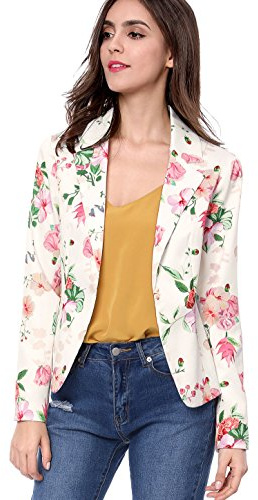 Allegra K Women's Open Front Office Work Business Casual Lightweight Summer Crop Suit Blazer Medium White-Floral