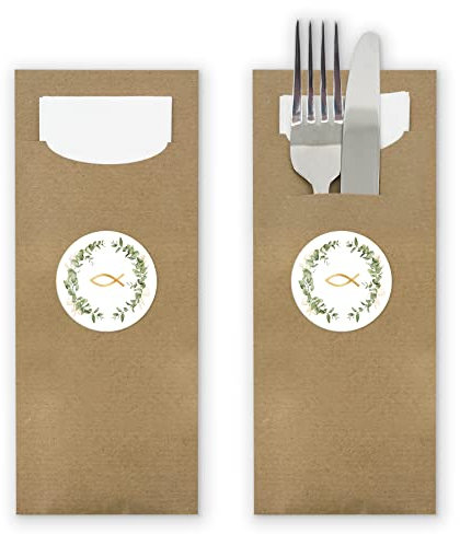 itenga 24x Bestecktaschen Pochetten aus Papier inkl. Serviette I Eukalyptus und Fisch I 8,2 cm x 20,0 cm I für Anlässe und Feierlichkeiten wie Kommunion Konfirmation Taufe