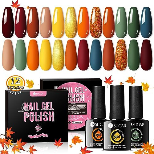 UR SUGAR Gel Nail Polish Set, 12 Colours Maple Pumpkin Yellow Orange Burgundy Red Green Glitter Fall Winter U V Gel Nail Polish, Soak off Nails Varnish Set Gifts for Women for Halloween Christmas
