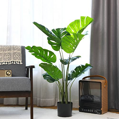 TANGZON Artificial Monstera Deliciosa Plant, Fake Swiss Cheese Plant in Pot with Cement & Moss, Indoor Outdoor Faux Potted Tree for Home Office Decoration (10 Leaves,120CM/4FT,Green, 1 Pack)