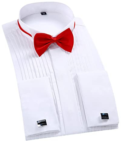 Dninmim Chemise de smoking à manches longues pour homme avec boutons de manchette et nœud papillon, blanc, 3XL