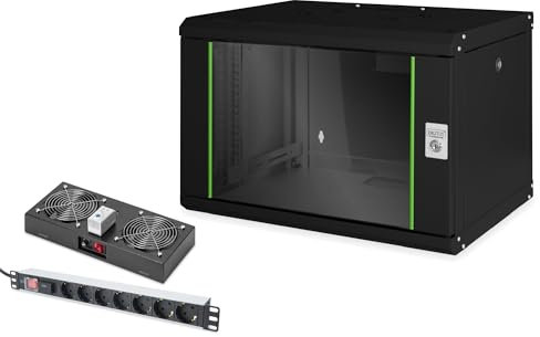 DIGITUS Set: 19 7HE Netzwerkschrank + Dachlüfter + 7-Port Steckdosenleiste // 19 Zoll Rack – Wandmontage – 450mm Tiefe – Traglast 100kg – Nutztiefe 305-370 mm – Unique Serie – Schwarz