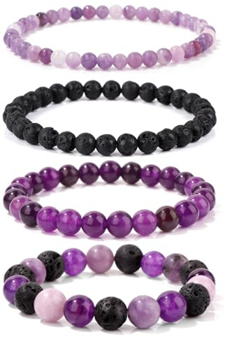 Vinswet 4pcs Natural Stone Beaded Bracelets for Women Men,Healing Crystal Gemstones Stretch purple Bracelet,4mm 6mm 8mm 10mm Amethyst Lava Rock Lepidolite Anxiety Stress Relief Bracelet Jewelry Gifts