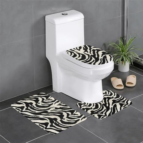 ESASAM Set di 3 tappeti da bagno zebrati con stampa animalier, eleganti e resistenti, in morbido e confortevole tessuto di flanella
