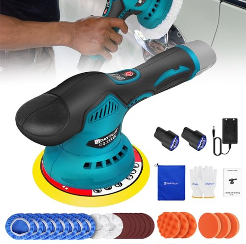 Machine à Polir Polisseuse Voiture sans Fil Polisseuse Excentrique à Double Action, 8 Vitesses Variable, avec 2X Batteries, Polissage Pad et Papier de Verre, pour Le Polissage, Cirage, Ponçage