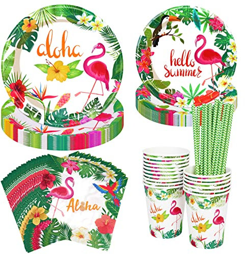PHOGARY 84PCS Fournitures de Fête de Luau Hawaïennes, Hawaii Vaisselle Set Décorations de Fête de Tropicales pour 16 invités, Assiettes Tasses, Serviettes pour Décorations de Fête Hawaïennes