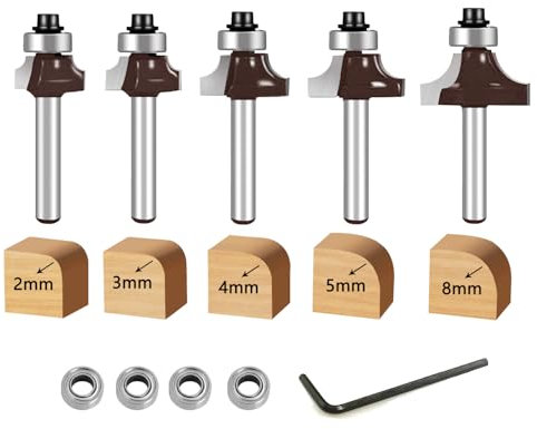 glryd 5 fresas redondeadas de 8 mm, radio de 2-3-4-5-8 mm, con 4 rodamientos intercambiables, fresa redonda de metal duro, fresadora redonda sobre fresadora, para carpintería, chaflanes, carpintería