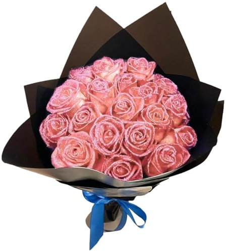 Bouquet de roses Glitter 1 Ensemble de bouquet de rose artificiel réaliste comprend 12 fleurs, 12 tiges, 2 papier d'emballage et 2 ruban romantiques éternels de fausses fleurs pour le mariage, Valent