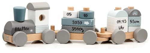 Personalisierte Holzeisenbahn blau - Personalisierte Geschenke Baby I Steckspielzeug I Geschenk zur Geburt Junge I Holzzug mit Name & Geburtsdaten - Label Label