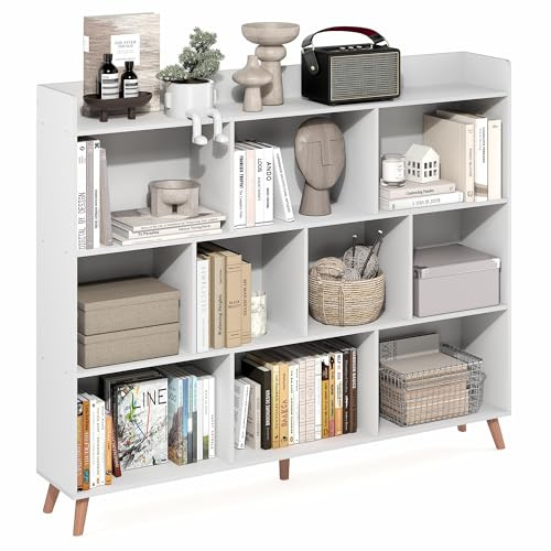Furinno Claude Estantería De Estilo Mediados De Siglo, con 10 Cubos, Organizador De Almacenamiento con Patas De Madera, 9.5 X 55.1 X 46, para Sala De Estar, Dormitorio Y Oficina En Casa, Color Blanco