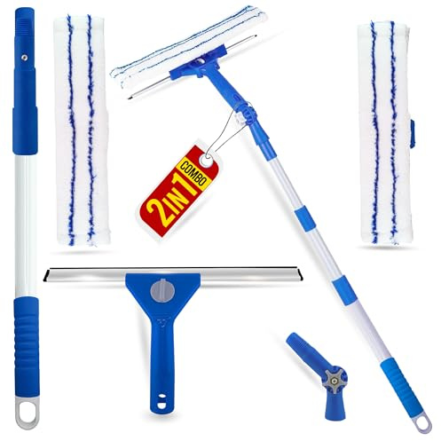 G4GADGET Kit de Limpieza de Ventanas Multiusos, Juego de Limpiador telescópico 2 en 1 con Mango Extensible de 85-150 cm, escobilla de Goma de 30 cm y Almohadillas de Microfibra para Vidrio, Espejos y