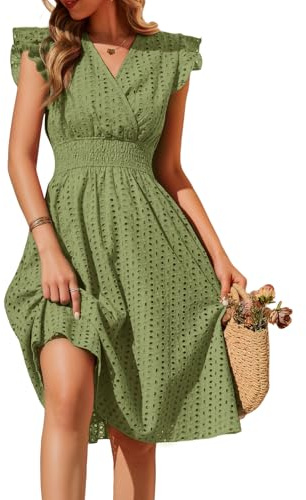 heekpek Vestito Donna Estivo Cotone Scollo a V Abito Estivo Donna Lungo Abito Senza Maniche con Volant Vita Alta Elegante Vestiti con Tasche, Verde Militare, M