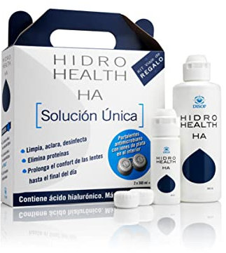 Disop Hidro Health - All in One Soft Contact Lens Solution with Hyaluronic Acid, Antimicrobial Case, Removes Protein Deposits, Compatible with Silicone Hydrogel Lenses, White, 2 x 360 ml + 60 ml