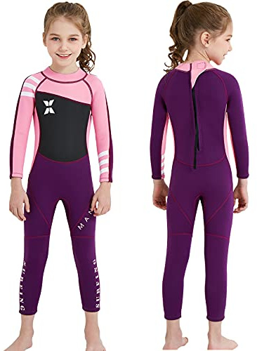 NATYFLY Kids Wetsuit, 2.5mm Neoprene Thermal Swimsuit, Full Wetsuit for Girls Boys and Toddler, Long Sleeve Kids Wet Suits for Swimming (New Pink-Girls Wetsuit-2.5mm, 10)