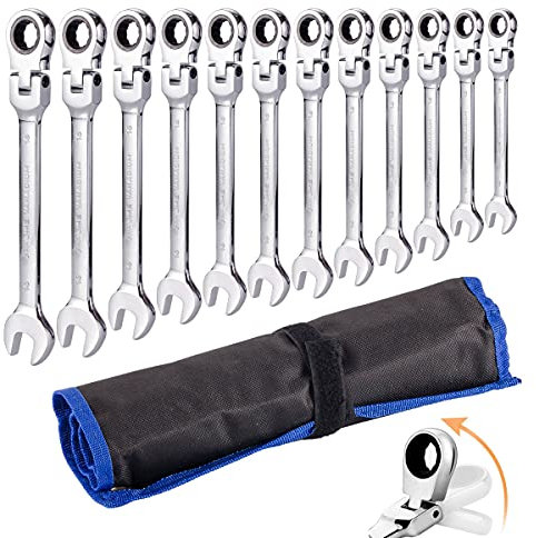 Qnkaa Ratchet Spanner Set 12pcs Metric Flexible Combination Wrench with Gear Ring Open-end Box-end Flex Flexi Head DIY Hand Tools Kit in Roll Bag 8-19mm
