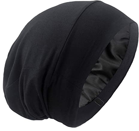Silky Satin Lined Bonnet Sleep Cap - Adjustable Stay on All Night Hair Wrap Cover Slouchy Beanie for Curly Protection Women and Men Solid Black