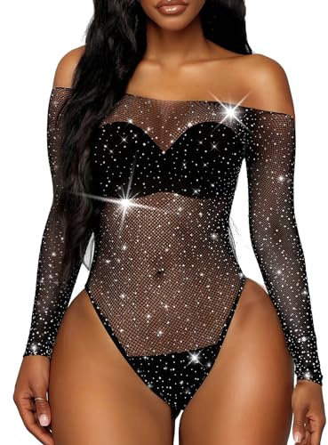 RSLOVE Women Sexy Lingerie Fishnet Bodysuit Babydoll Sparkle Rhinestone Mesh Teddy Lingerie Black