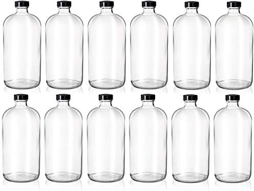 kitchentoolz Set of 12 Clear 32oz Boston Round Glass Bottles with Black Caps – Airtight Poly-Cone Sealed Bottles for Kombucha, Kefir, Beer, Fermentation, and Storage