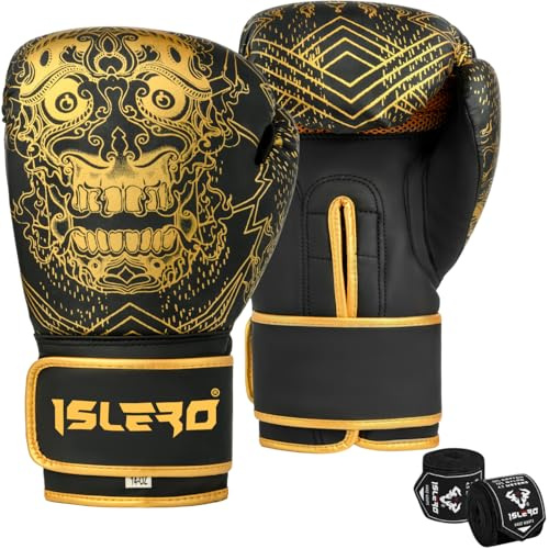 Islero Fitness Matte Black Boxing Gloves Men Punch Bag Women MMA Muay Thai Martial Arts Kick Boxing Sparring Training Fighting Gloves With Hand Wraps (Black, 14 OZ)