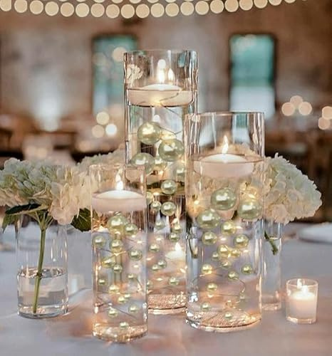 Vase Pearlfection 100 Floating Ivory Pearls/Off White Pearls with Matching Sparkling Gems - Large Sizes - Fills 2 Gallons Gels for Your Vases