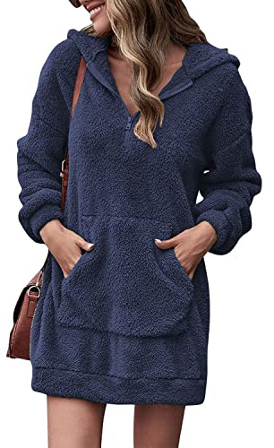 Dam luddig fleece ledig huvtröja klänning långärmad överdimensionerad enfärgad pullover toppar, marinblå, 36