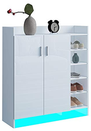 BESTWANTED Shoe Cabinet High Gloss 2 Doors Shoe Rack Cabinet Shoe Storage Organizer Cupboard with 5 Adjustable Open Shelves Footwear Rack Stand Hallway Furniture 21 Pairs Shoes and LED Lights (White)