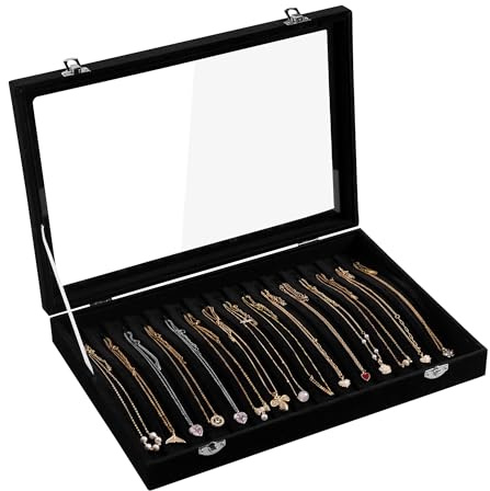 Frebeauty 15 Hooks Necklace Tray Velvet Neck Organiser with Clear Lid Lockable Necklace Holder Box Jewellery Organiser for Pendant Chains Necklace Jewellery Tray for Women Girls(Black)