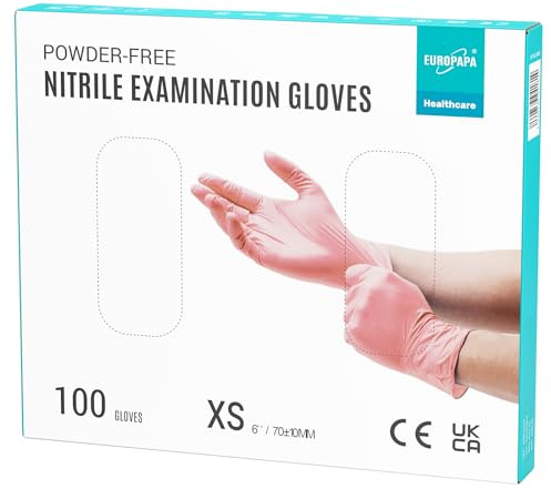 EUROPAPA® 100 x nitrilhandskar, engångshandskar, engångshandskar, undersökningshandskar, nitrilhandskar, puderfria utan latex, icke-sterila latexfria disposibla handskar (XS, rosa)