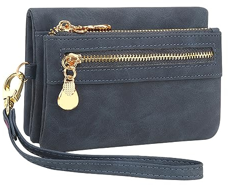 Damen Geldbörse Klein Portemonnaie PU Leder Portmonee Damen Viele Fächer, Geldbeutel Damen mit 10 Kartenfächer und Abnehmbare Handschlaufe, Brieftasche für Frauen Reißverschluss Münzfach (Dunkelblau)