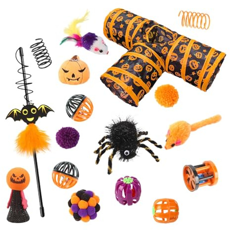 Set di giocattoli interattivi per gatti, tunnel a 3 per Halloween, set di giocattoli per gatti con campanella, bullismo, per gattini, conigli e gatti da interno, set di giocattoli per gatti a 3