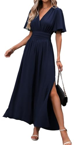 JENJON Donna Vestiti Scollo a V Elegante Manica Corte Casual Maxi Abito Elastico Primavera Estate Vita Alta Vestiti