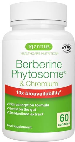 Berberina Fitosomada de Acción Dual 550 mg y Picolinato de Cromo, 10x Absorción, Control de Glucosa en Sangre, Extracto Estandarizado de Berberina, Ingredientes Puros, 60 Cápsulas Veganas - Igennus