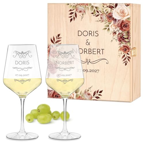Maverton Calici Vino x2 Personalizzati - Bicchieri Vino Rosso o Vino Bianco 490 ml - Incisi per Lei e Lui - Scatola Legno Personalizzata - Regalo per Sposi e Coppia - Regali Personalizzati