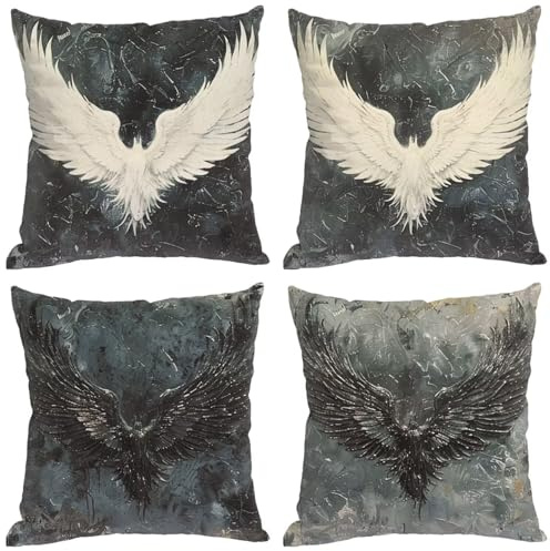 Fundas de Cojines 45X45 CM Juego de 4 Funda Almohada Alas Blancas Súper Suave Cojines Para Sofa Alas Negras Decorativos Cushion Covers con Cremallera Invisible para Sofá Silla Decoración Hogar 3-R