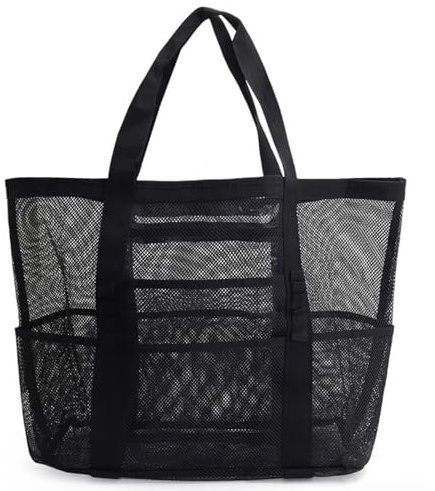 Strandförvaringsväska, nätstrandväska, axelväska för simning, 43 x 20 x 39 cm stor vattentät baddräkt för strand, resepicknick, vikbar sandleksaker handväskor
