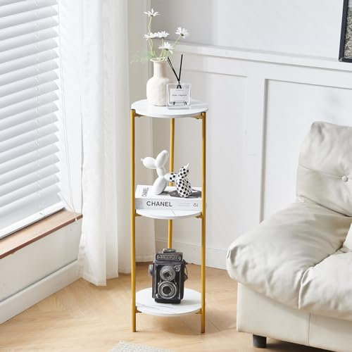 3-Tier Plant Stand, Tall Plant Pot Stand, Round Flower Display Stand with Gold Metal Frame, Indoor Decorative Flower Holder Shelf for Home Office, Living Room Corner Planter (White Marble)