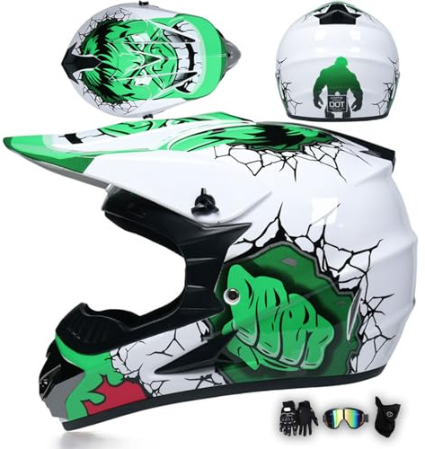 MODRYER Casco Moto Hombre Mujer Casco Integral con Visera Casco De Motocross Juvenil Adultos Cascos para ATV Downhill Off Road Quad Enduro Scooters Cruceros, con Gafas Guantes,Green-S/52~53cm
