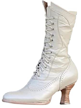 Women's Boots Mid Height Winter Foreign Trade Europe USA British Pointed Toe Square Heel Lacing Western Boots Women's Ankle Boots Platform Boots Short Boots, White, 8.5 UK