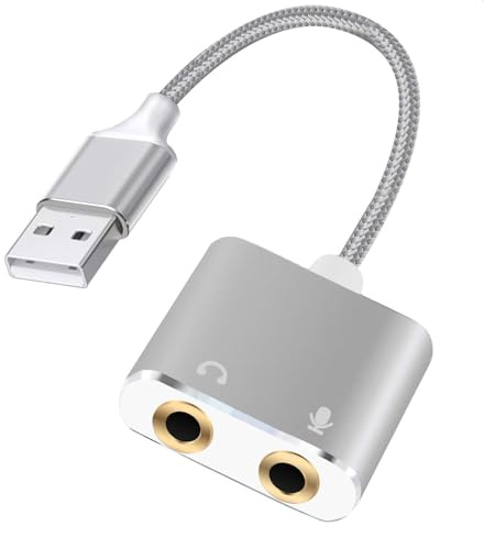 jindaaudio USB to 3.5mm Audio Adapter, External Sound Card with Headphone, Microphone Jack for Windows, Mac, Linux, PS4, PS5(Silvery)