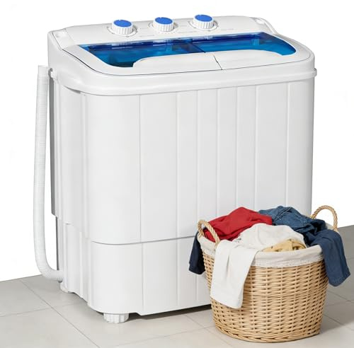 SUNCROWN Portable Washing Machine 17.6lbs, Compact Twin Tub Semi Automatic Washer, Energy-Saving Mini Laundry Combo with Extended Drain Hose & Pump for Apartments, Dorms, RV, (White & Blue)