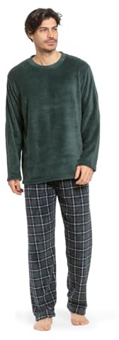 TRAMAS+ Pijama Hombre de Invierno, Pijama de Coralina con Manga Larga Polar y Pantalón Largo, Conjunto de Ropa para Dormir Cómodo y Calentito - M, Ruz Verde
