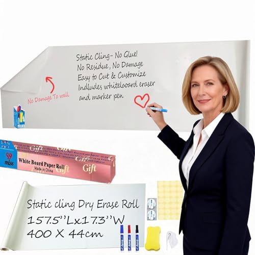 17.3x157.5 White Board Paper Roll - Dry Erase Board Alternative,No Glue Static Cling White Board Sticker for Wall, Glass, School & Office | Easy-to-Install Portable Dry Erase Paper