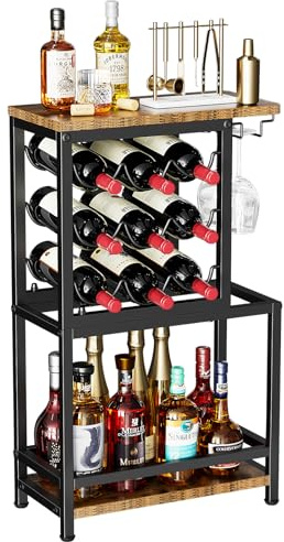 Nuovoware Golvvinhylla, 3 nivåer mugghållare, mångsidig sprit hållare hem bar, minibar hörnbord för whiskyvin, brun och svart