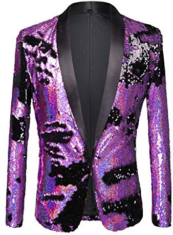 PYJTRL Men Stylish Two Color Conversion Shiny Sequins Blazer Suit Jacket (Purple + Black, L)
