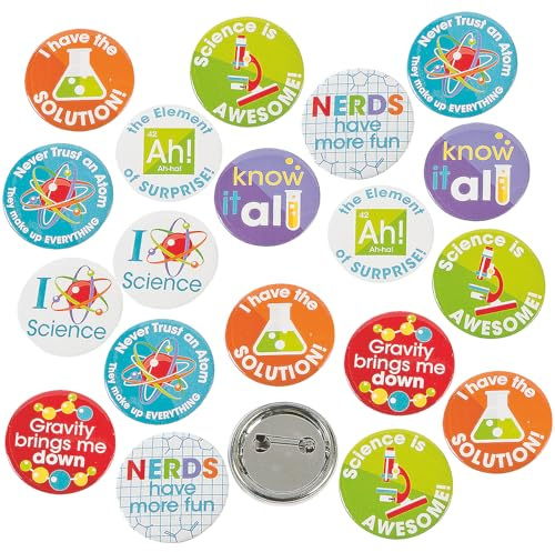Fun Express Science Party Mini Buttons Set - 48 Piece Birthday Favors for Kids & Science Gifts Bundle | STEM Party Favors for Classroom Rewards, Teacher Appreciation & Educational Events | 1 1/2 Inch