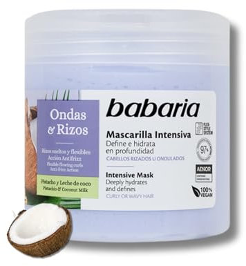 Babaria - Mascarilla Intensiva Only Curls, Define e Hidrata, con Pistacho y Leche de Coco, Acción Antifrizz, Vegano - 400 ml