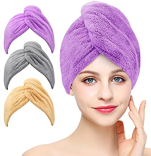 Laicky 3 Pack Microfiber Hair Drying Towel Wrap Super Absorbent Twist Turban Fast Dry Hair Caps with Buttons Bath Loop Fasten Salon Dry Hair Hat (Gray Khaki Purple)